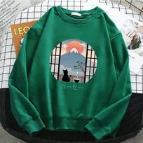 Round-neck Hoodie with Japanese-style Mount Fuji and Black Cat Coffee Illustrations, Loose-fit Long-sleeved Casual Top M gray