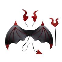 Devil Halloween Costume Cosplay Props Cosplay Demon Horn Hair Band Casual Bat Wings with Tail  Kids raudona