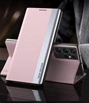 Samsung Galaxy S21 Ultra 5G šoninis galvanizuotas magnetinis itin plonas horizontalus atverčiamas odinis dėklas su laikikliu For Samsung Galaxy S21 Ultra 5G rožinė