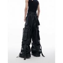 BeatStreet Autumn Cool Long Baggy Black Pu Leather Wide Leg Cargo Pants Men Many Pockets Luxury Designer Emo Clothes Streetwear S juoda
