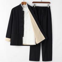 No Shirt Chinese Traditional Tang Suit Kung Fu Uniform Retro Casual Linen Plus Size Tai Chi Clothing Set Man M black