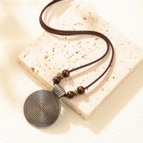 Cowhide Rope Ethnic Pendant Leather Jewelry Fingerprint Alloy Sweater Chain Personalized Retro Round Necklace beige