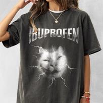 I need Ibuprofen Funny Vintage Graphic Cat T-shirt, Unisex Cotton Shirt, Silly Kitten Tshirt, Meme Shirts, Ironic Tees, Gift for Her Him 100 gray