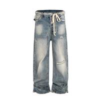 VibeStreet Vitnage Cut Hole Washed Blue Drawstring Baggy Jeans for Men Streetwear Distressed Loose Denim Pants Ripped Jean Trousers XL gray
