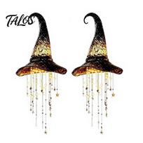 Lighted Halloween Yard Decorations 2 Pcs Light Up Black Mesh Witch Hat Hanging Chime, Glowing Creepy Fun Atmosphere Lamp with Cascading Stars Short brown