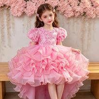 Girls Princess Flower Girl Dress Puff Sleeve Cake Prom Gown 160cm rožinė
