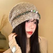 Korean Version Autumn and Winter Hat Women's Retro Versatile Ethnic Style Beaded Head Hat Big Head Circumference Warm Knitted Wool Hat One Size beige
