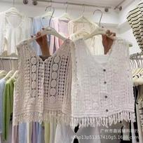 Summer Spice Girl Design Sense Crochet Hollow Suspender Women's Knitted Vest Vest Outside Sleeveless Blouse Top free size gray