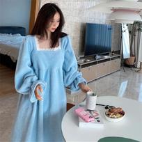 Pajama Long Dress Women's Autumn/Winter Korean Version Loose and Warm Flannel Home Lazy Dress Commuter Solid Square M mėlyna