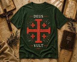 Deus Vult Cross T-Shirt – Vintage Faith Graphic Tee (Dark Heather) S brown