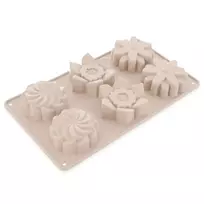 Silikoninė kepimo forma 6 keksiukams, gėlių formos, smėlio spalvos, 27 × 16 × 3 cm