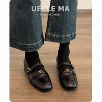 Cowhide version~ Genuine leather retro single shoes women's thick heel with one-word buckle Mary Jane shoes commuter camellia leather shoes 40 gray