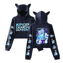 KPop Demon Hunters Derpy Tiger Cat Ears Long Sleeve Crop Tops Girls Fashion Hoodie L tamsiai mėlyna spalva