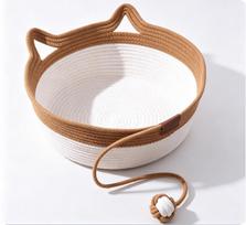 Hand-woven cotton cat basket interactive grinding claw nest with rocking toy tail four-season breathable pet bed caramel cat nest + toy ball medium ruda