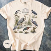 Lauko vadovas: garniai T-shirt, Vintažiniai dramblio kaulo spalvos paukščių stebėjimo marškinėliai, Šlapynių paukščiai gamtos grafikos unisex marškinėliai, Garnių mylėtojo dovana, Paukščių stebėtojo viršutinė dalis 130 gray