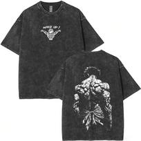 Washed Vintage Anime Baki Hanma Wake Up T-shirt Men Women Retro Manga Oversized T-shirts Men's Casual Cotton T Shirts Streetwear L black