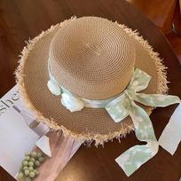 French Style Flat Top Bonnet Summer Elegant Pearl String Sunshade Woven Straw Hat one size brown