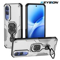 KEYSION Shockproof Armor Case for VIVO V70 FE Soft Silicone+PC Upright Metal Live Ring Stand Phone Back Cover for VIVO V70 FE 5G for VIVO V70 FE pilka