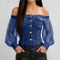 Women's Off Shoulder Denim Blouse with Sheer Long Sleeves Button Front Casual Top for Everyday Wear S gray