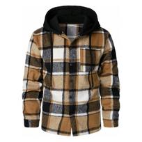 Men's Plaid Hooded Flannel Shirt Jacket, Long Sleeve Button Down Casual Shacket with Drawstring Hood and Chest Pocket for Fall Winter Daily Wear XL chaki