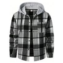 Men's Plaid Hooded Flannel Shirt Jacket, Long Sleeve Button Down Casual Shacket with Drawstring Hood and Chest Pocket for Fall Winter Daily Wear L pilka