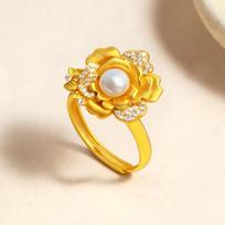 Rose Flower Ring: Gold-tone, Faux Pearl, Diamond Accent, Adjustable Index Finger Jewellery Adjustable yellow