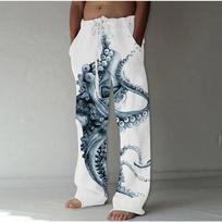 Men's 3D Octopus Printed Baggy Casual Trousers, Mid‑Waist Boho Pants, Elastic Drawstring Waist with Pockets, for Spring Summer Home Outdoor Vacation M white