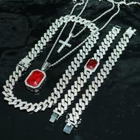 European & American Hip-Hop Gemstone Cross Pendant Cuban Chain Necklace & Bracelet Set white