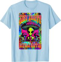 Psychedelic Alien Mushroom Stay Trippy Little Hippie Graphic Tee Men Casual Cotton T-Shirt M blue