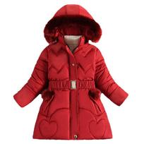 Girls' Winter Thickened Coats Medium and Long New Cotton Coats with Large Fur Collar Girls' Winter Outerwear Warm Coats for Children 110 raudona