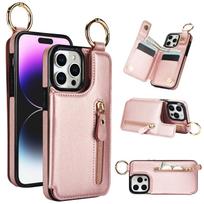Multi-functional Leather Wallet Case for iPhone 16E & Apple 14 PROMAX iPhone 14 rožinio aukso spalvos