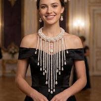 Handmade Multi-Layer Pearl Choker Necklace With Tassel Drop Pendant Women Bridal Party Fashion Jewelry balta spalva