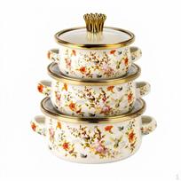 Emaliuotas sriubos puodų rinkinys su dvigubomis rankenomis, plokščiadugniai maisto gaminimo puodai sriuboms, troškiniams, gėlių raštas Small 3-piece set beige