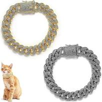 Cat Chain Collar, 2 Pcs Diamond Cuban Link Kitten Walking Collar with Secure Buckle, Pet Rhinestones Necklace Metal Chain Jewelry Accessories for Kitt
