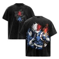 Anime My Hero Academia Todoroki Shoto T-shirt Men Women Clothing Hip Hop Y2k Vintage Washed Oversized T shirt Cotton Tees Tops XL black