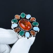 Gintaro, žaliojo onikso, saulės akmens, pieniško opalo žiedas, 925 sterlinginio sidabro žiedas, dovana jai, ovalus akmuo, elegantiškas rankų darbo žiedas, gėlių sidabro žiedas US 14 oranžinė