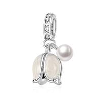 Silver Plated Flower Charms with Pearls Violet Tulip Rose Dangle DIY Jewelry Gift for Women Bracelet Accessories 1piece white