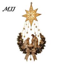 Šiltas apšviestas durų girlianda, Kalėdinė girlianda, Tikėjimo Betliejaus Žvaigždė Sienos dekoracija, Šviečiantis Šventas Baterijomis maitinamas Ornamentas Šeimos Kabantis Dekoravimas beige