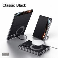 Skirta Samsung Galaxy Z Fold 8 / Fold 8 Ultra prabangus natūralios odos magnetinis dėklas su metaliniu žiedu laikikliu, stoveliu, langelio vaizdu, atverčiamas dangtelis Galaxy Z Fold 8 juoda