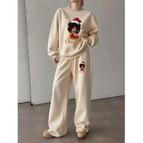 Women's Crewneck Sweatshirt & Drawstring Straight-Leg Pants 2-Piece Set, Printed Fall/Winter Lounge Set 5XL abrikosas