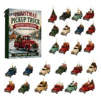 24 Day Countdown Box Vintage Truck Advent Calendar, Christmas Set with Retro Cute Desk Ornaments Pickup Ornaments, 2D Acrylic Hanging Decor A gray