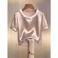 Moterims apvali apykaklė perlais puošta pūsti trumpi rankogaliai vienspalvis satino laisvo kirpimo elegantiškas biuro atsitiktinis marškinėlių viršus 2XL beige