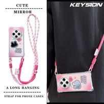 KEYSION Crossbody Strap Phone Case for Redmi 14C Cute Cartoon Long Lanyard Mirror Shockproof Cover for Xiaomi POCO C75 for Redmi 14C black