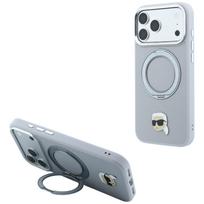 Pilkas MagSafe dėklas Karl Lagerfeld su 360° žiediniu stovu ir Karlo galvos emblema, skirtas iPhone 18 Pro / 17 Pro