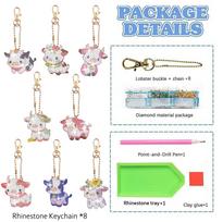 8PCS/set DIY Acrylic Diamond Painting Keychain/Bag Hanging Decoration with Double-Sided with Cow/Colorful Cat/Cock Pattern Desig white