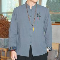 Men Shirts Traditional Kung Fu Tai Chi Cotton Linen Tang Suit Uniform Shirt and Blouses Chinese Style Embroidered Shirts 5XL gray