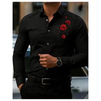 Romantiška vyrų mada! Aistringai rožėmis marginti ilgomis rankovėmis verslo atsitiktinio stiliaus marškiniai vyrams 4XL black