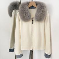 Womens Short Knit Cardigan With Real Fox Fur Collar Double Zipper Loose Fit Winter Outerwear Beige Gray Fox Fur Collar gray