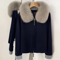 Womens Short Knit Cardigan With Real Fox Fur Collar Double Zipper Loose Fit Winter Outerwear Navy Gray Fox Fur Collar gray