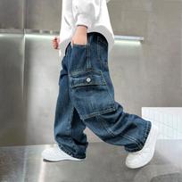 Boys Children Straight Wide Leg Denim Long Pants For Big Kids Spring Autumn 150cm mėlyna